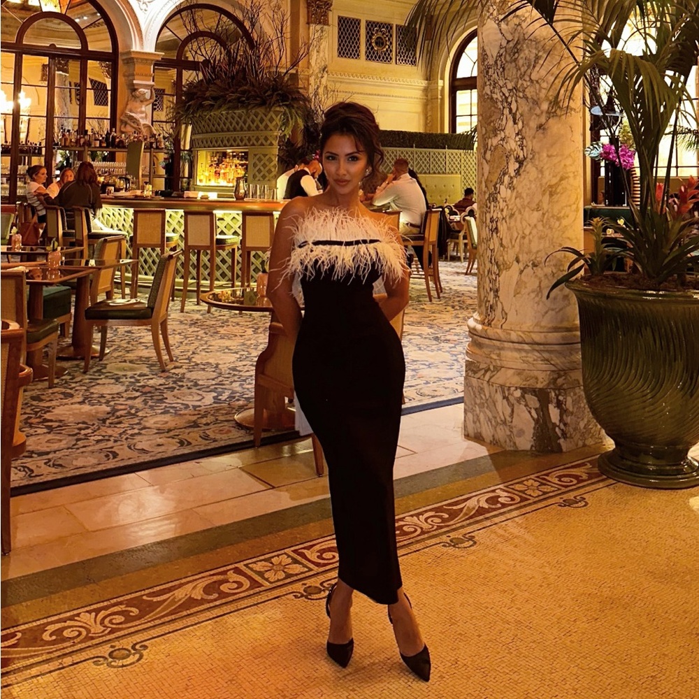STAUD Black Midi Dress with White Feather Trim